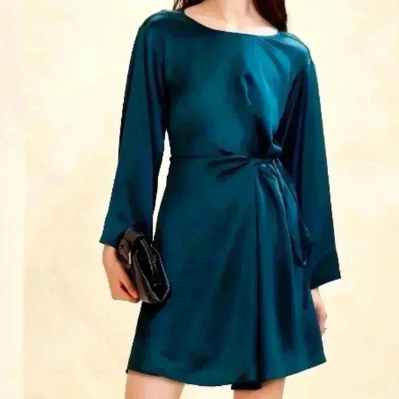 Banana Republic NWT Blue Green Silk Like Side Tie Mini Dress Womens Size Small - Picture 1 of 10